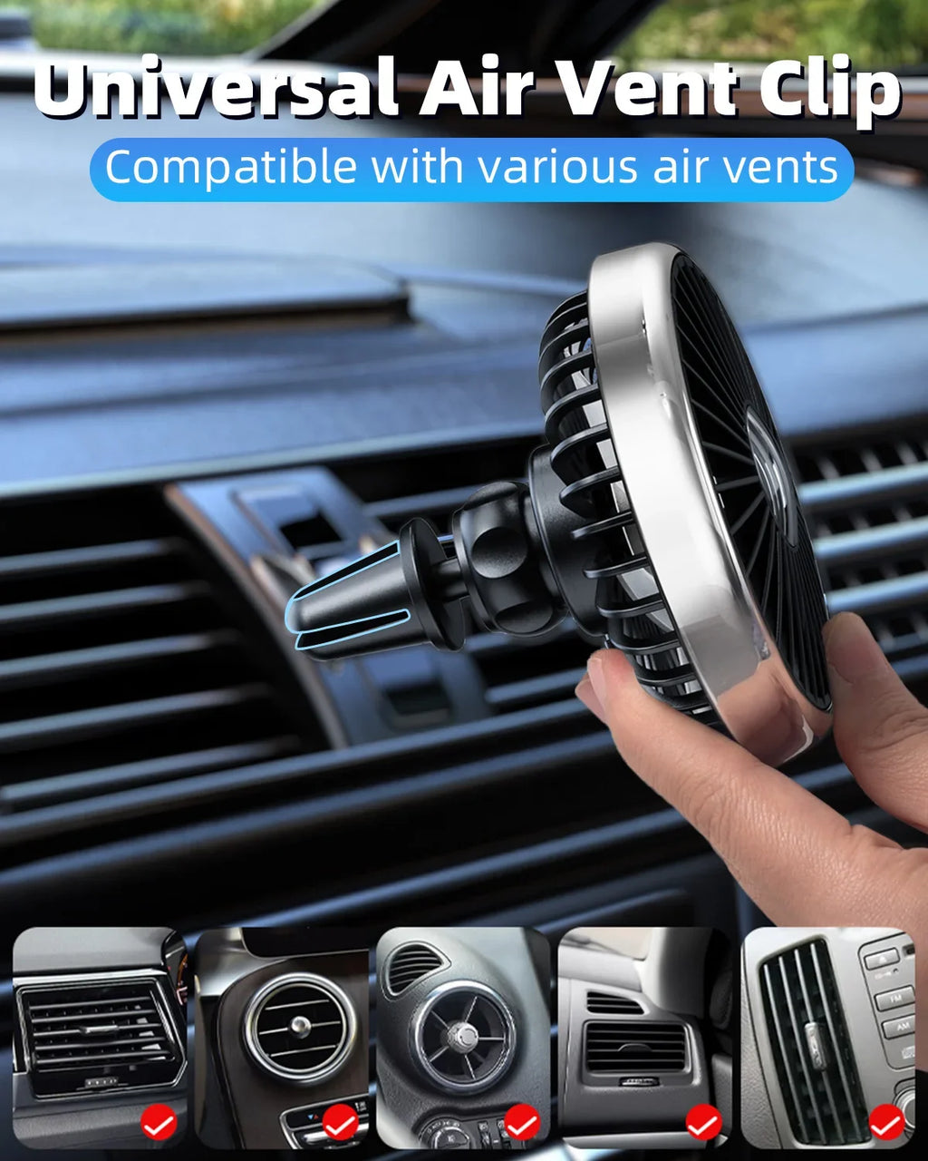 Eary Car Fan Mount For Front Rear Air Vent With 360 Rotatable Air Circulation Fan 3 Wind Speeds Strong Airflow Car Electronic