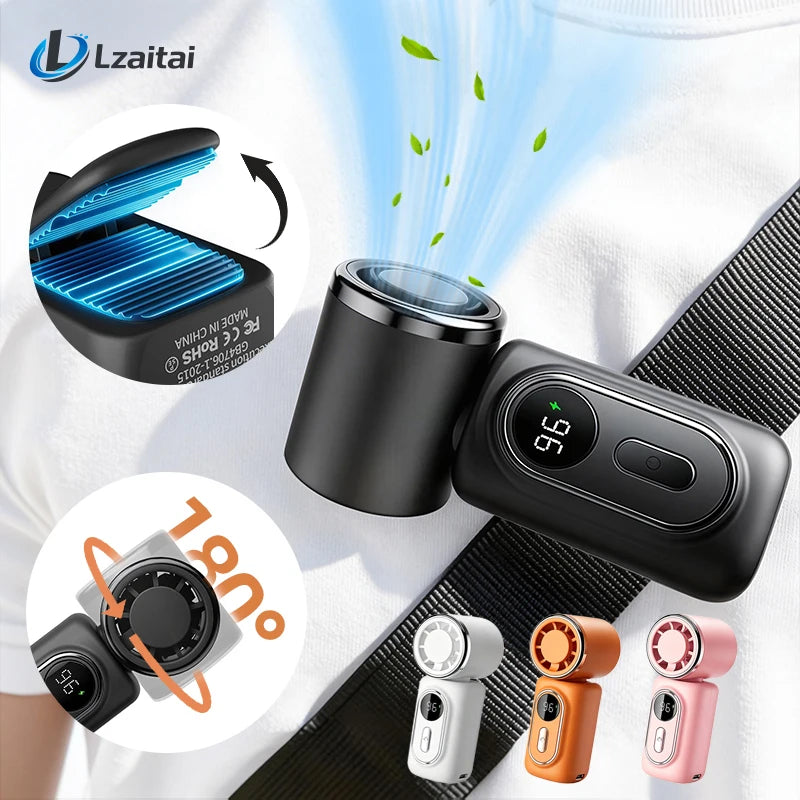 Mini Small Fan Portable Handheld Cooling Turbo Fan 5 Speeds 3000mAh LED Display 180° Adjustable Clip Type-C Rechargeable Fans