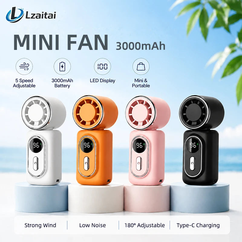 Portable Mini Fan Handheld Small Fan Cooling Turbo High Speed Fans 3000mAh 5 Speeds 180° Adjustable LED Display USB Rechargeable